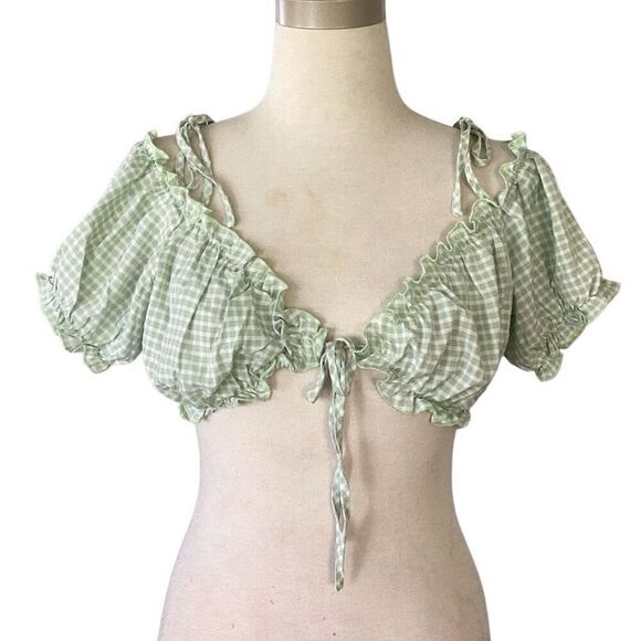 NWT Pretty Little Thing Bardot Ruffle Crop Gingham Top Women’s 10 Mint Green Whi - Picture 2 of 8